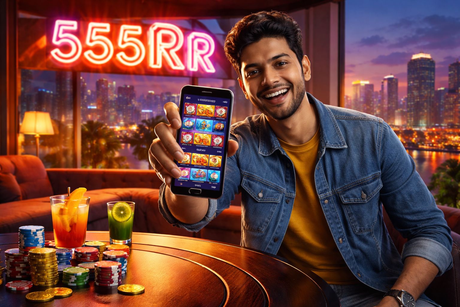 Cheerful Bangladeshi casino host presenting colourful gaming chips and a glowing 555RR neon emblem in the background