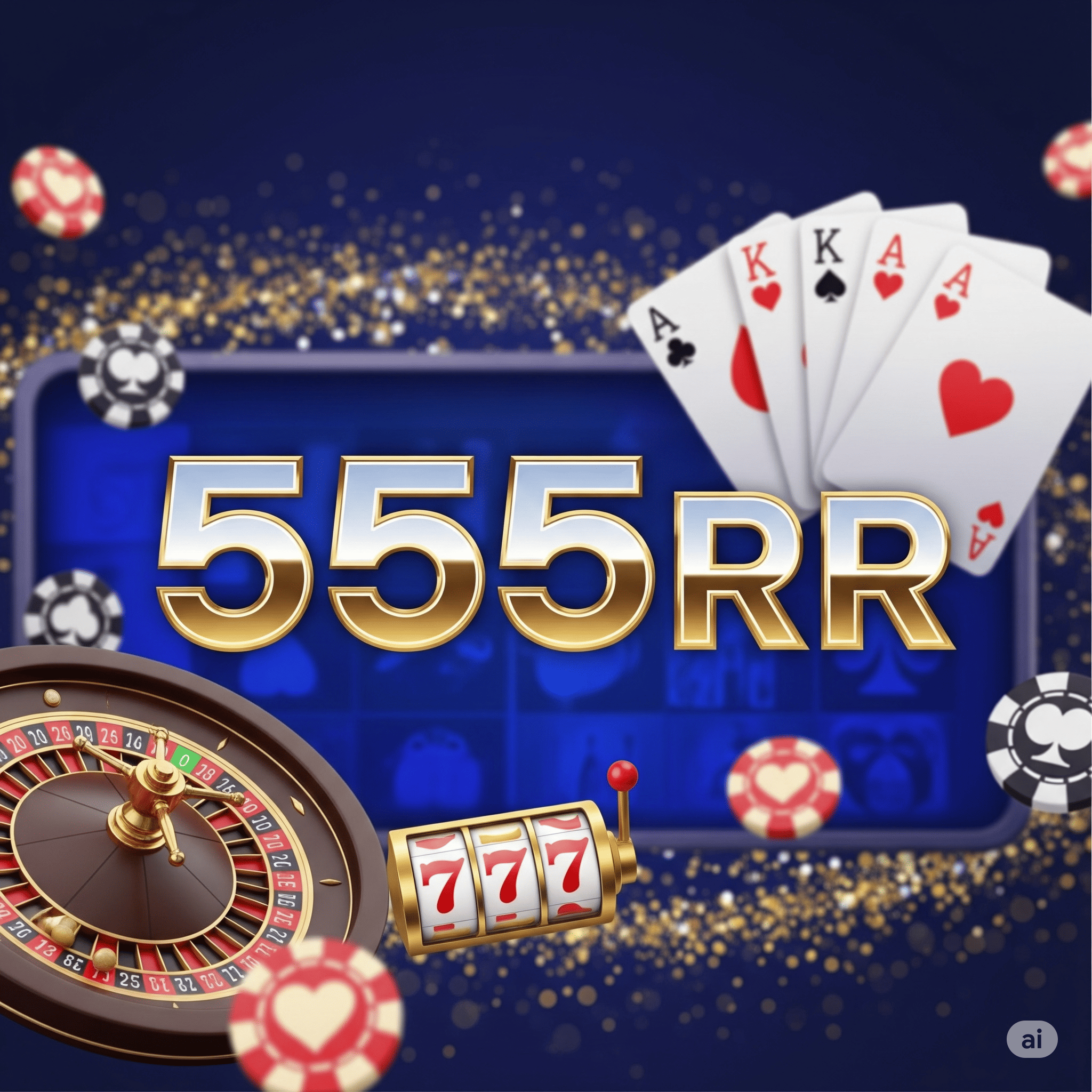 A vibrant collage of slot reels, roulette wheels, and live-dealers representing 555RR’s game lobby