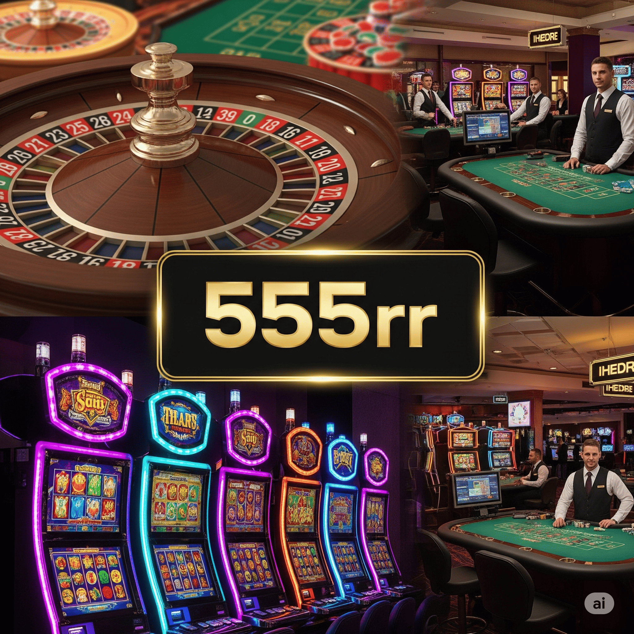 555RR casino lobby montage showing slots, roulette, and live dealers