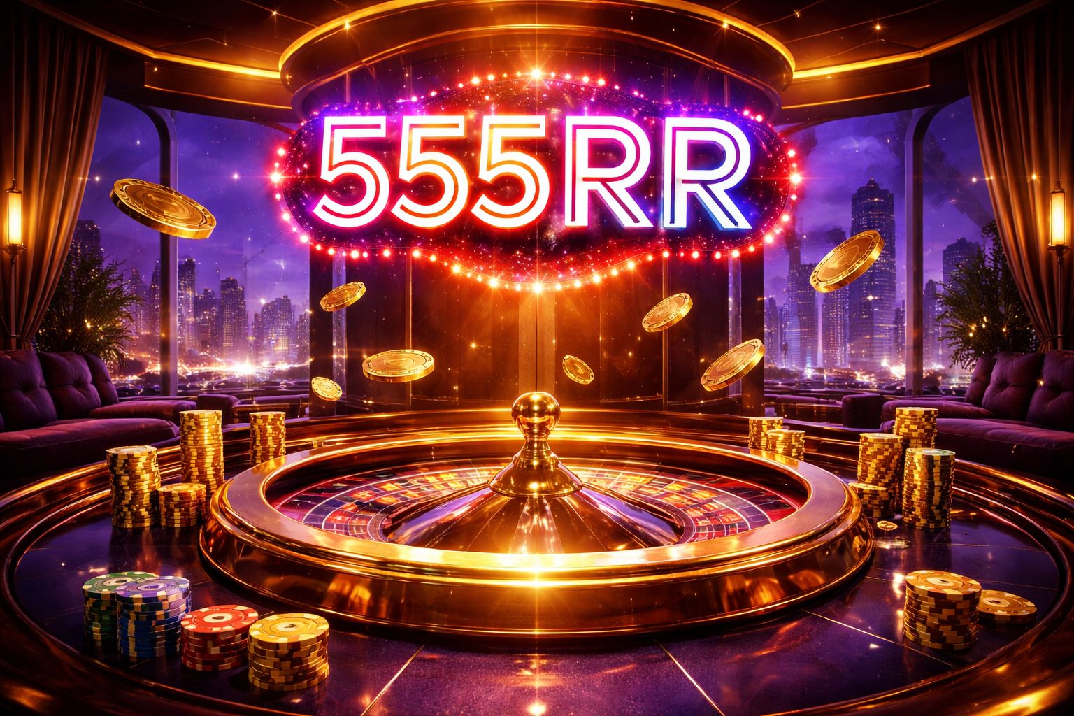 Glowing 555RR neon sign above a roulette wheel with golden chips floating around a vibrant casino lobby in Bangladesh
